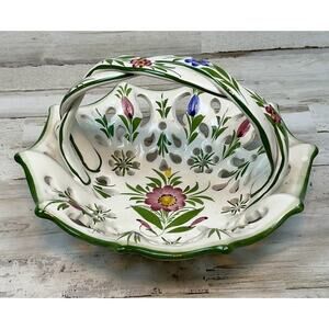 Vintage Hand Painted Porcelain Floral Basket Bowl Twisted Handle Portugal